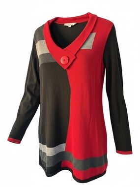 Women's Red and Black Colorblock V-Neck Sweater Tunic with Button Detail